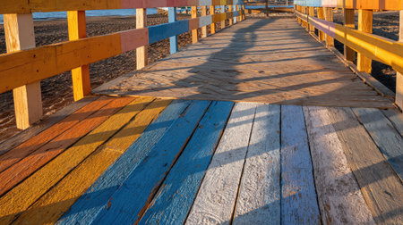 A wooden boardwalk painted in alternating bright colors under warm sunlightの素材