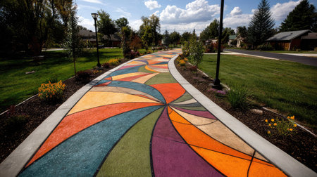 Colorful sidewalk mural with bold shapes and lines forming a continuous artistic walkwayの素材