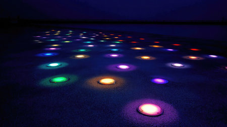Colorful LED pathway lights embedded in a smooth path glowing in the nightの素材