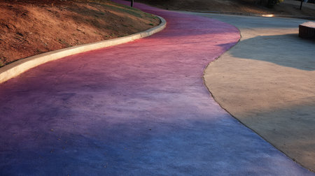 Color gradient-painted cement path fading from red to purple through a city parkの素材