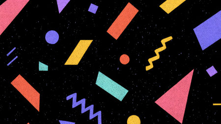 Colorful jagged lines and abstract geometry scattered randomly across black surfaceの素材