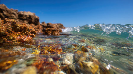 Crystal-clear wave curling over rock formation in mid-sea during bright dayの素材
