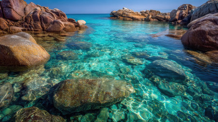 Crystal-clear sea water flowing around smooth sea rocks, creating a peaceful natural sceneの素材