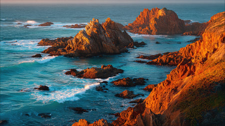 Cluster of sharp sea rocks bathed in golden light as waves gently roll inの素材