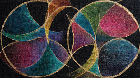 Colorful triangles and circles intersecting in a bold, energetic abstract design set against a deep black canvasの素材