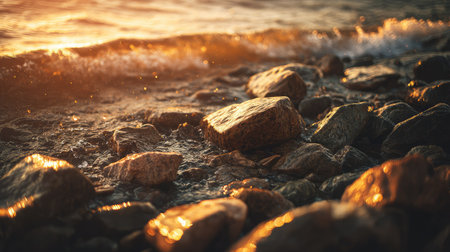Cluster of sharp sea rocks bathed in golden light as waves gently roll inの素材