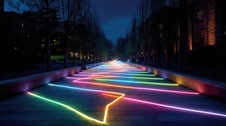 Colorful LED pathway lights embedded in a smooth path glowing in the nightの素材