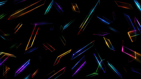 Colorful jagged lines and abstract geometry scattered randomly across black surfaceの素材
