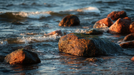 Cluster of sharp sea rocks bathed in golden light as waves gently roll inの素材