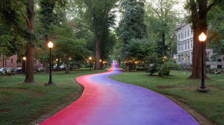 Color gradient-painted cement path fading from red to purple through a city parkの素材