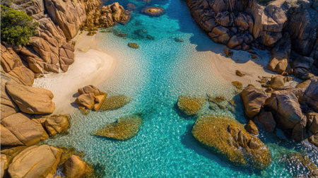 Crystal-clear sea water flowing around smooth sea rocks, creating a peaceful natural sceneの素材