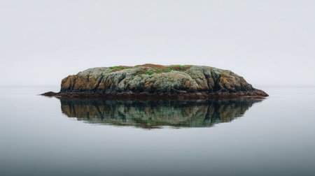 Distant rock island on a calm sea with mirror-like reflections and no wavesの素材