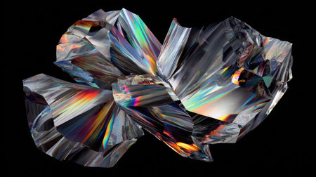 Crystal prism-like shapes colliding with each other in mid-air on solid black backdropの素材