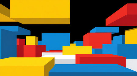 Cubes and angular forms in bright tones creating perspective illusion against blackの素材