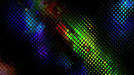 Diagonal grid of luminous abstract shapes in bright gradient colors over black backdropの素材