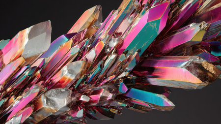 Crystal prism-like shapes colliding with each other in mid-air on solid black backdropの素材