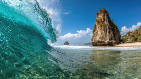 Crystal-clear wave curling over rock formation in mid-sea during bright dayの素材