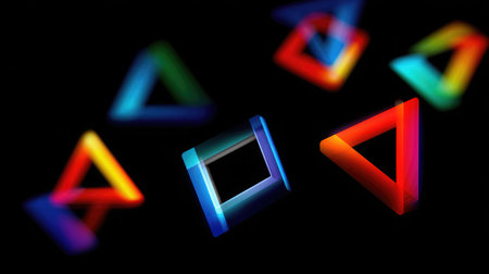 Electric-colored squares, triangles, and arrows in motion against a pure black backdropの素材