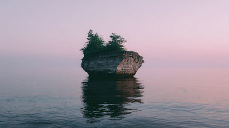 Distant rock island formation standing alone in the sea with calm waters and a pastel skyの素材