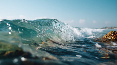Crystal-clear wave curling over rock formation in mid-sea during bright dayの素材