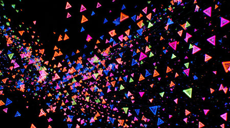 Electric-colored squares, triangles, and arrows in motion against a pure black backdropの素材