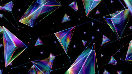 Digital artwork with vibrant crystal-like triangles hovering over a jet-black backgroundの素材
