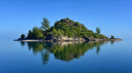 Distant rock island on a calm sea with mirror-like reflections and no wavesの素材