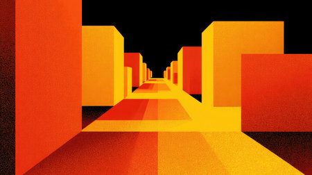 Cubes and angular forms in bright tones creating perspective illusion against blackの素材