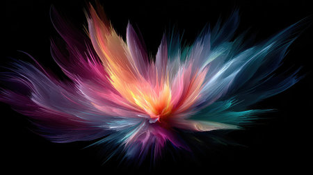 Dynamic explosion of multicolored shapes and rays emanating from center over pitch blackの素材