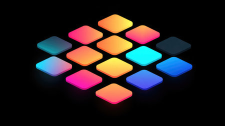 Diagonal grid of luminous abstract shapes in bright gradient colors over black backdropの素材