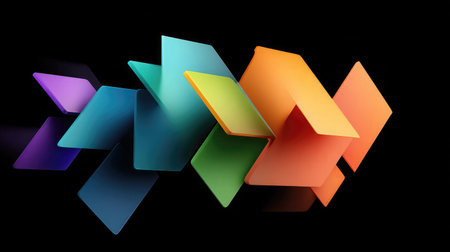 Electric-colored squares, triangles, and arrows in motion against a pure black backdropの素材