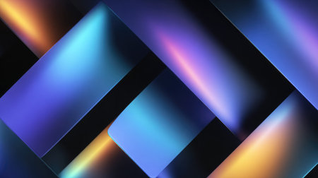 Diagonal grid of luminous abstract shapes in bright gradient colors over black backdropの素材