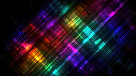 Diagonal grid of luminous abstract shapes in bright gradient colors over black backdropの素材