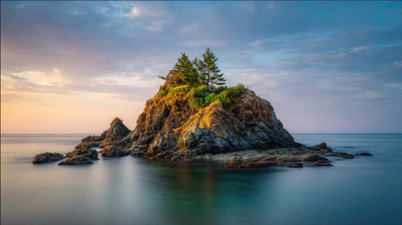 Distant rock island formation standing alone in the sea with calm waters and a pastel skyの素材