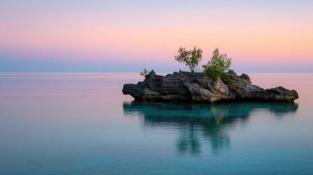 Distant rock island formation standing alone in the sea with calm waters and a pastel skyの素材