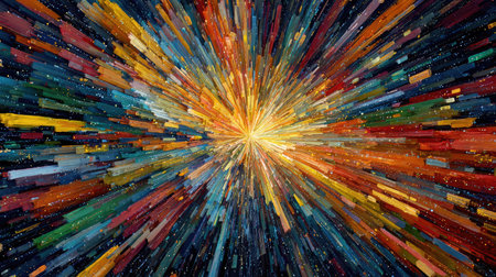 Dynamic explosion of multicolored shapes and rays emanating from center over pitch blackの素材