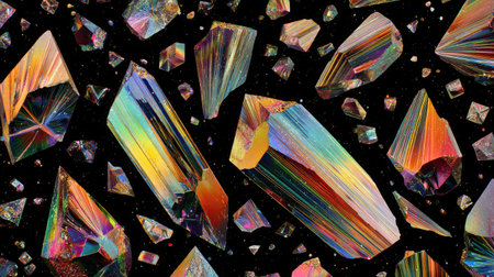Digital artwork with vibrant crystal-like triangles hovering over a jet-black backgroundの素材