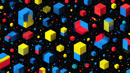 Floating shapes with high contrast colors creating a digital abstraction in spaceの素材