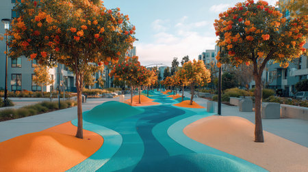 Gradient-toned walkway with soft pastel transitions laid through a modern parkの素材