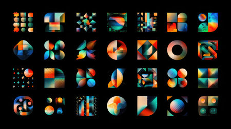 Grid of colorful geometric elements with neon glow, fading into blacknessの素材