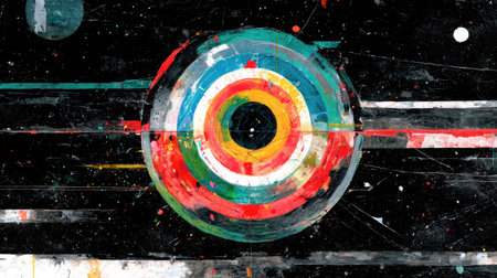 Futuristic artwork with concentric circles and vivid color overlays floating in black spaceの素材