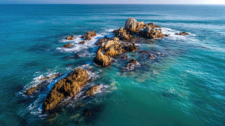 Group of dark rocks rising from turquoise sea, rippling waves around their base in bright daylightの素材