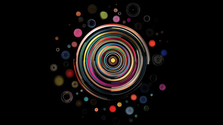 Futuristic artwork with concentric circles and vivid color overlays floating in black spaceの素材