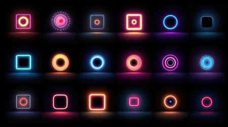 Grid of colorful geometric elements with neon glow, fading into blacknessの素材