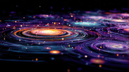 Futuristic artwork with concentric circles and vivid color overlays floating in black spaceの素材