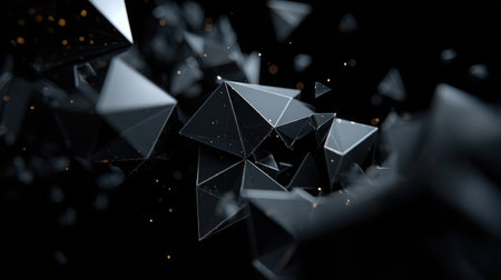 Fragmented geometric shards forming a complex visual pattern floating on blackの素材