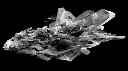 Fragmented geometric shards forming a complex visual pattern floating on blackの素材