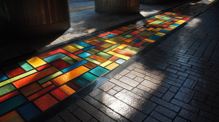 Glass brick walkway inlaid with colored panels and light reflectionsの素材