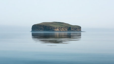 Distant rock island on a calm sea with mirror-like reflections and no wavesの素材