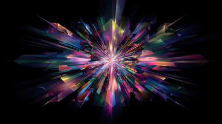 Dynamic explosion of multicolored shapes and rays emanating from center over pitch blackの素材